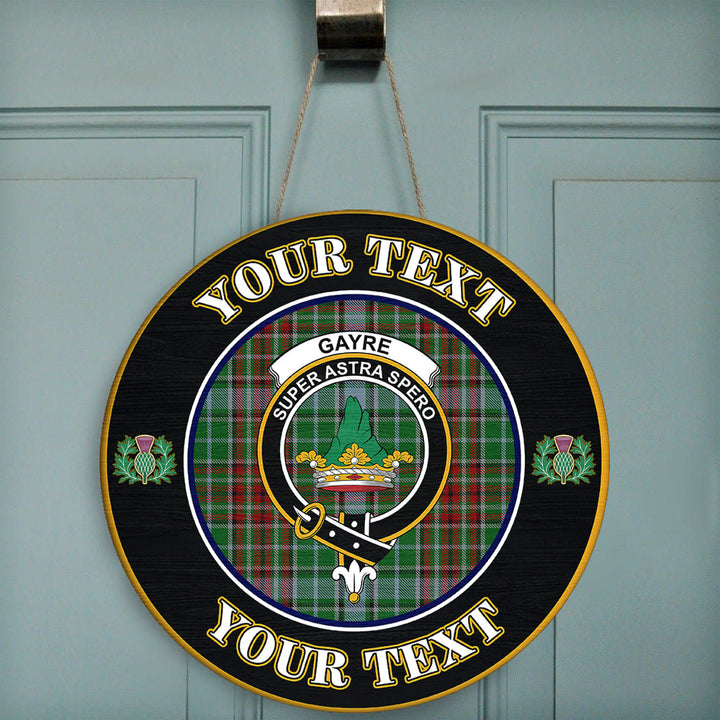 Gayre Tartan Crest Round Wooden Sign Thistle Memory Style