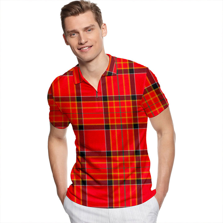 Hackston Green Stripe Modern Tartan Classic Lapel Zip Short Sleeve Polo