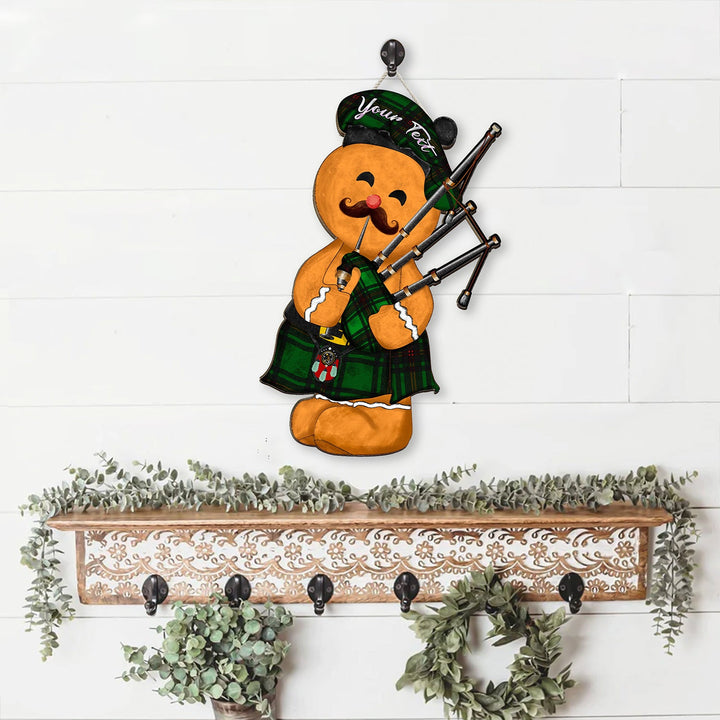 Kinloch Crest Tartan Wooden Sign Gingerbread Bagpipe Personalized
