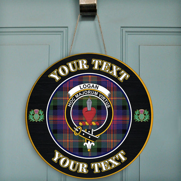 Logan Modern Tartan Crest Round Wooden Sign Thistle Memory Style