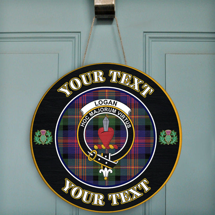 Logan Modern Tartan Crest Round Wooden Sign Thistle Memory Style