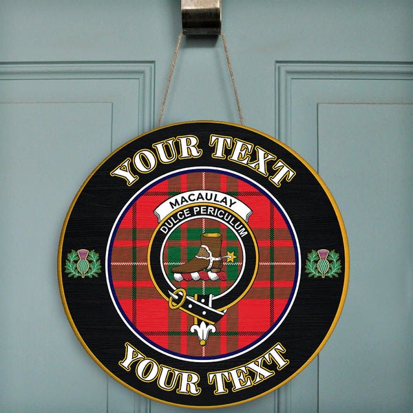MacAulay Modern Tartan Crest Round Wooden Sign Thistle Memory Style