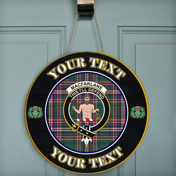 MacFarlane Hunting Modern Tartan Crest Round Wooden Sign Thistle Memory Style