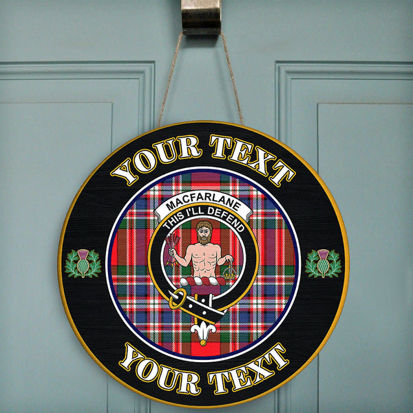 MacFarlane Modern Tartan Crest Round Wooden Sign Thistle Memory Style