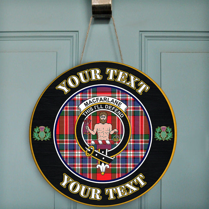 MacFarlane Modern Tartan Crest Round Wooden Sign Thistle Memory Style