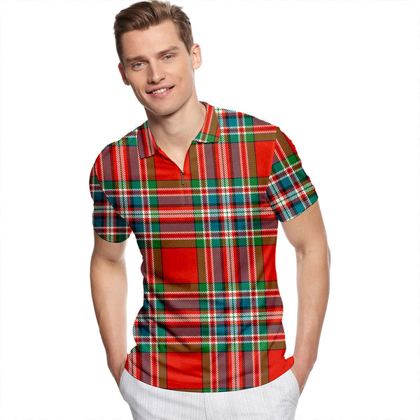 MacFarlane Red Ancient Tartan Classic Lapel Zip Short Sleeve Polo