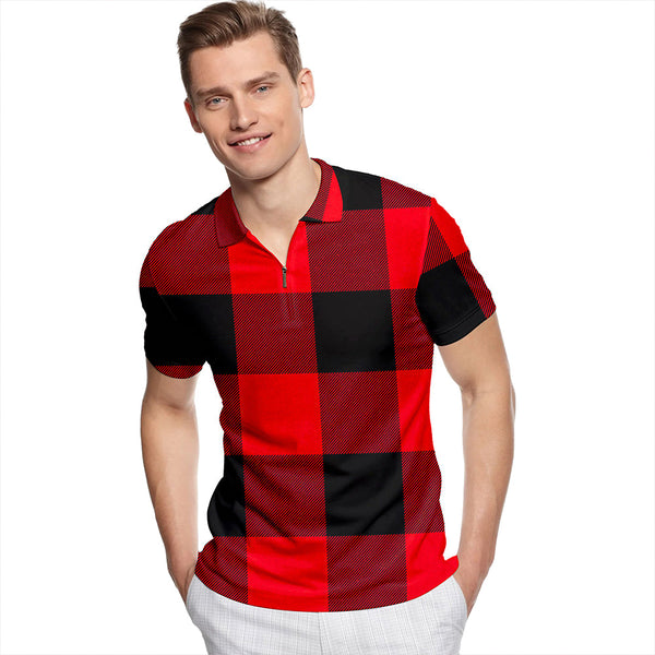 MacGregor Rob Roy (Gregor Red & Black) Modern Tartan Classic Lapel Zip Short Sleeve Polo