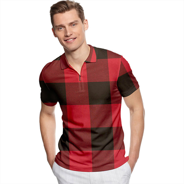 MacGregor Rob Roy (Gregor Red & Black) Weathered Tartan Classic Lapel Zip Short Sleeve Polo
