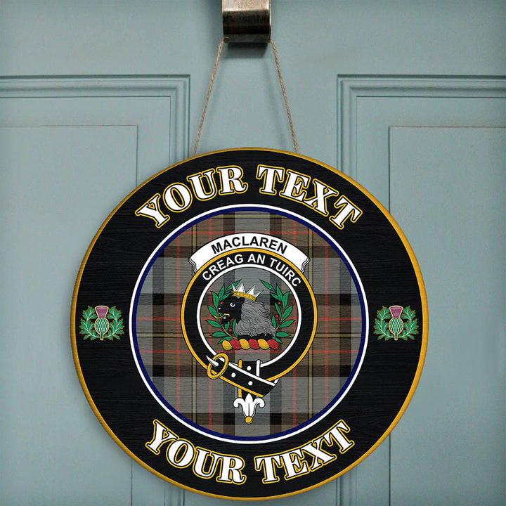 MacLaren Weathered Tartan Crest Round Wooden Sign Thistle Memory Style