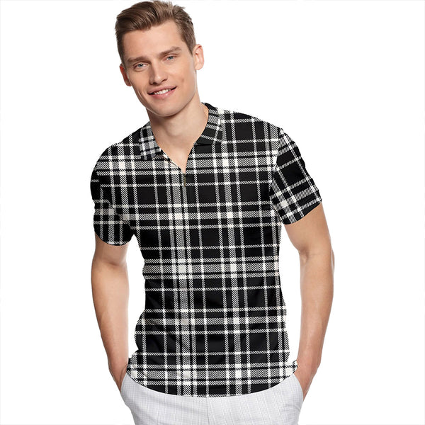 MacLean Black & White Ancient Tartan Classic Lapel Zip Short Sleeve Polo