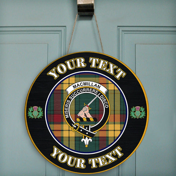 MacMillan Old Modern Tartan Crest Round Wooden Sign Thistle Memory Style