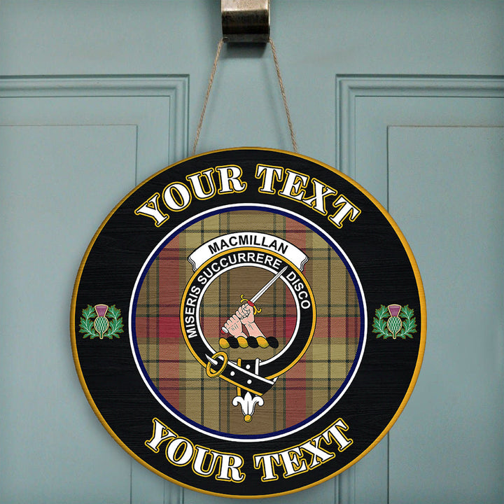 MacMillan Old Weathered Tartan Crest Round Wooden Sign Thistle Memory Style