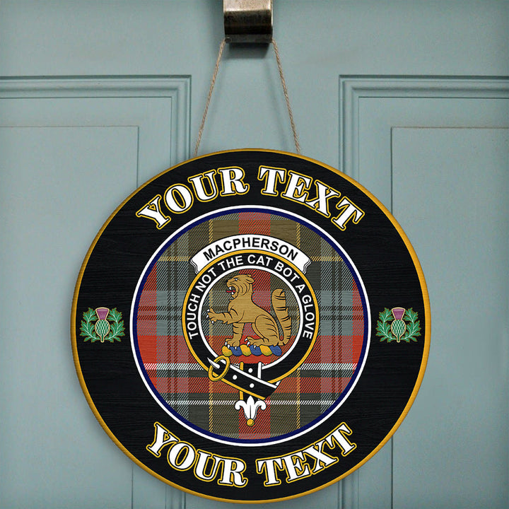 MacPherson Weathered Tartan Crest Round Wooden Sign Thistle Memory Style