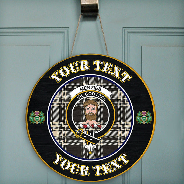 Menzies Black & White Ancient Tartan Crest Round Wooden Sign Thistle Memory Style