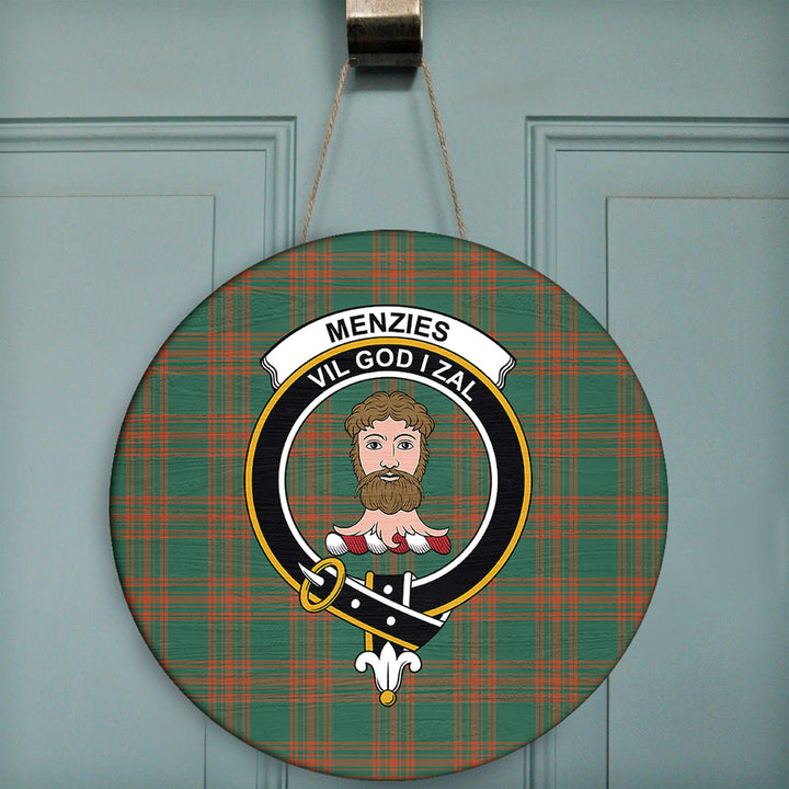 Menzies Green Ancient Tartan Classic Crest Round Wooden Sign