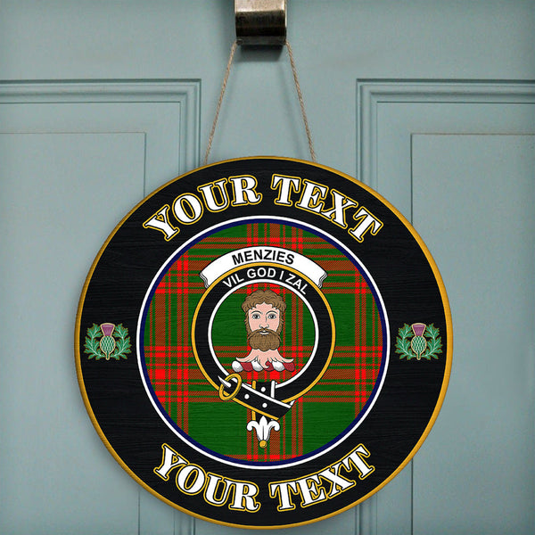 Menzies Green Modern Tartan Crest Round Wooden Sign Thistle Memory Style