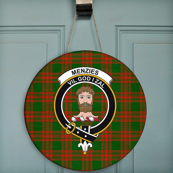 Menzies Green Modern Tartan Classic Crest Round Wooden Sign