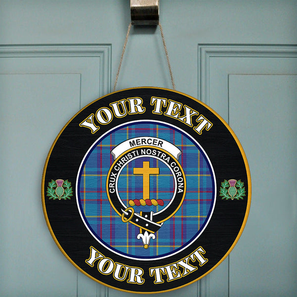Mercer Modern Tartan Crest Round Wooden Sign Thistle Memory Style