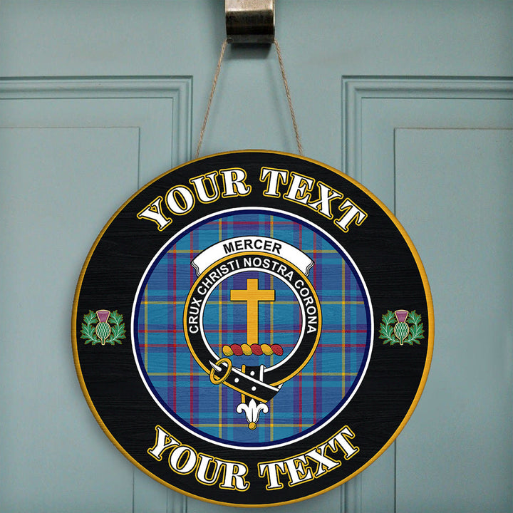 Mercer Modern Tartan Crest Round Wooden Sign Thistle Memory Style