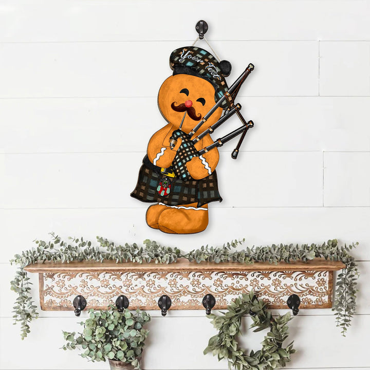 Mowat Weathered Crest Tartan Wooden Sign Gingerbread Bagpipe Personalized