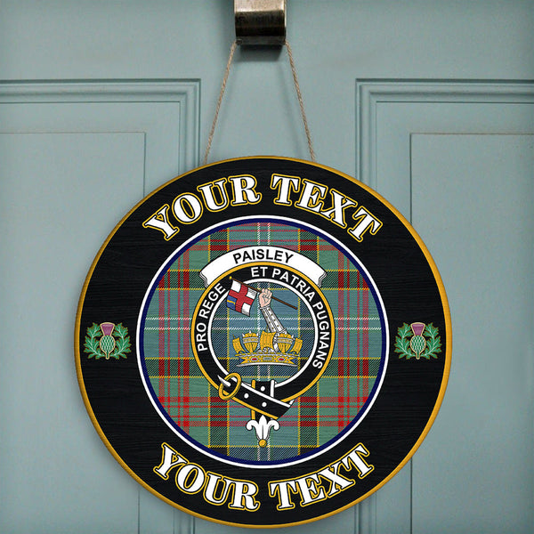Paisley District Tartan Crest Round Wooden Sign Thistle Memory Style