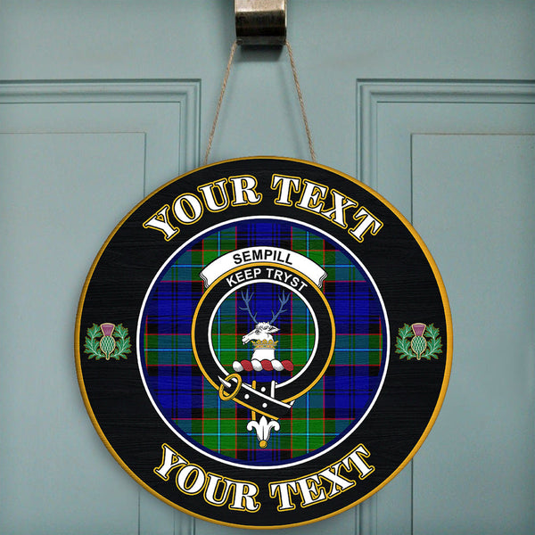 Sempill Modern Tartan Crest Round Wooden Sign Thistle Memory Style