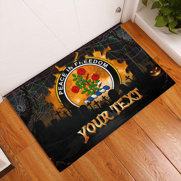 Stinson (Stephenson/Stevenson) Modern Clan Badge Tartan Personalize Doormat Happy Halloween Style