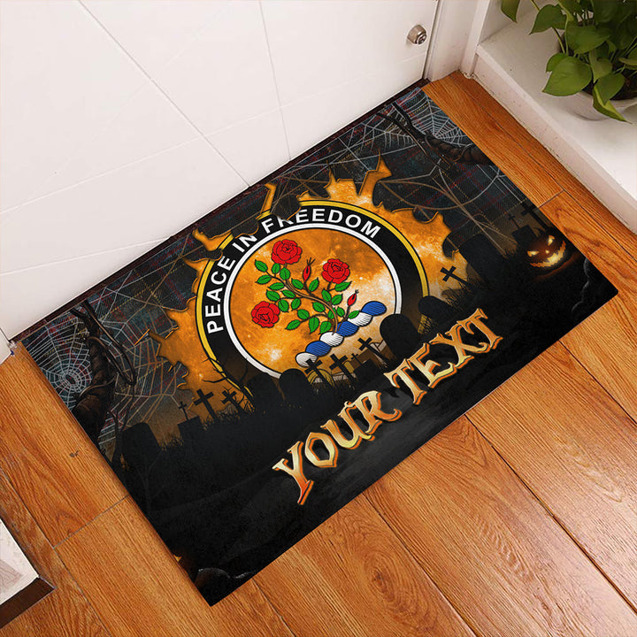 Stinson (Stephenson/Stevenson) Weathered Clan Badge Tartan Personalize Doormat Happy Halloween Style