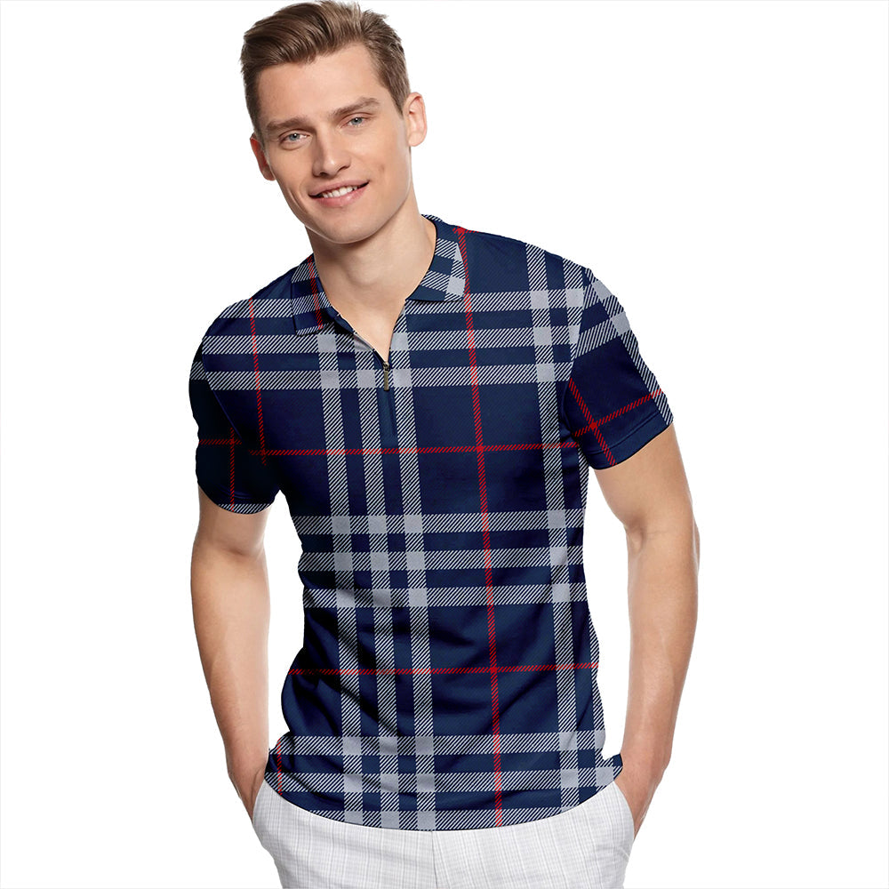 Thomson Navy (Thompson Navy) Modern Tartan Classic Lapel Zip Short Sleeve Polo