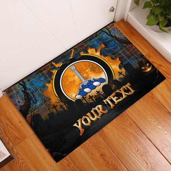 Traill (Trayle) Weathered Clan Badge Tartan Personalize Doormat Happy Halloween Style