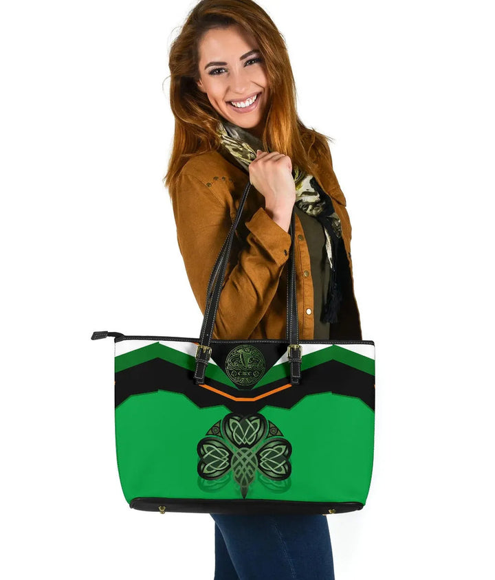 Celtic All O Print Leather Tote - Irish Shamrock With Celtic Patterns