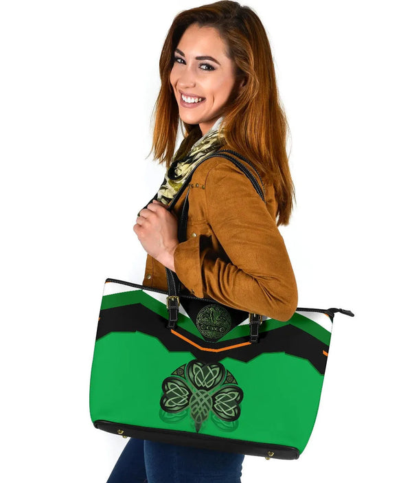 Celtic All O Print Leather Tote - Irish Shamrock With Celtic Patterns