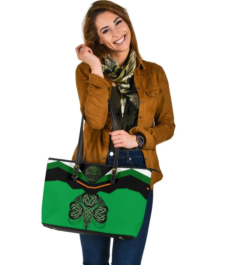 Celtic All O Print Leather Tote - Irish Shamrock With Celtic Patterns