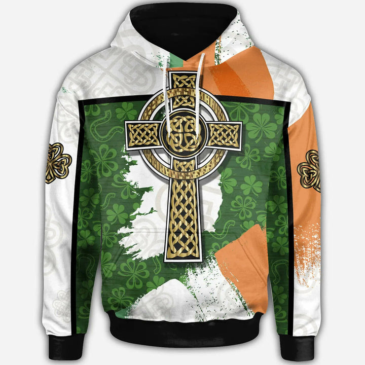 Celtic Print Hoodie - Irish Shamrock With Celtic Cross