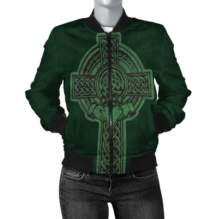 Celtic Ireland Bomber Jacket - Irish Cross with Celtic Knot and Claddagh Ring