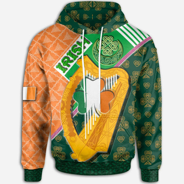 Celtic Ireland Hoodie - Irish Shamrock with Traditional Harp