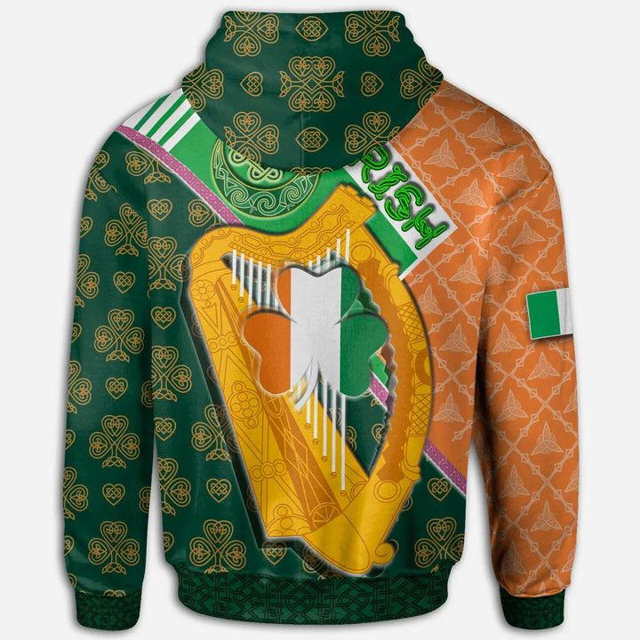 Celtic Ireland Hoodie - Irish Shamrock with Traditional Harp