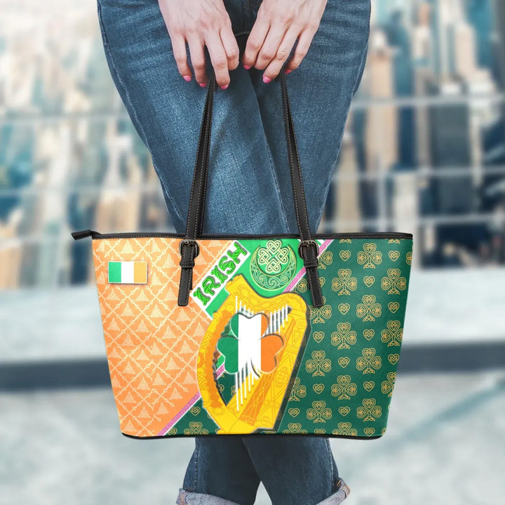 Celtic Ireland Leather Tote - Irish Shamrock with Traditional Harp