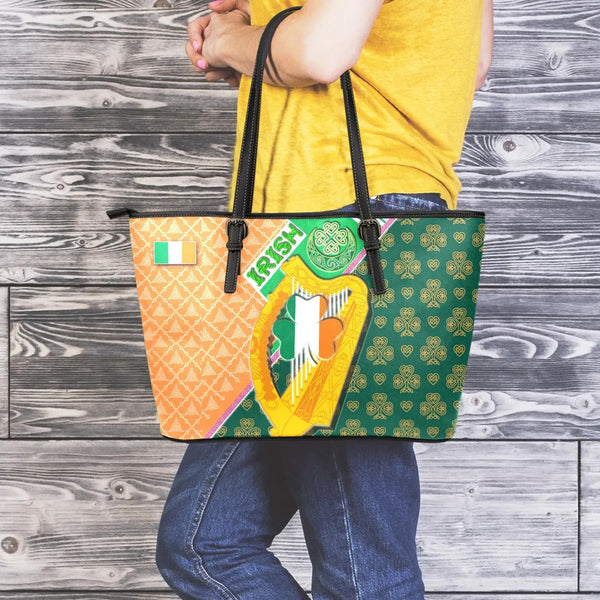 Celtic Ireland Leather Tote - Irish Shamrock with Traditional Harp