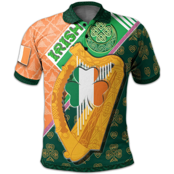 Celtic Ireland Polo shirt Irish Shamrock with Traditional Harp