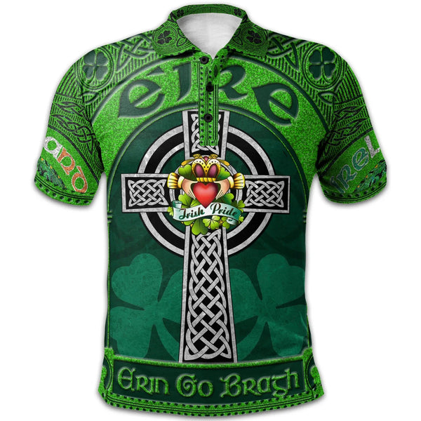 Celtic Ireland St. Patrick's Day Polo Shirt Irish Shamrock with Claddagh Ring Cross