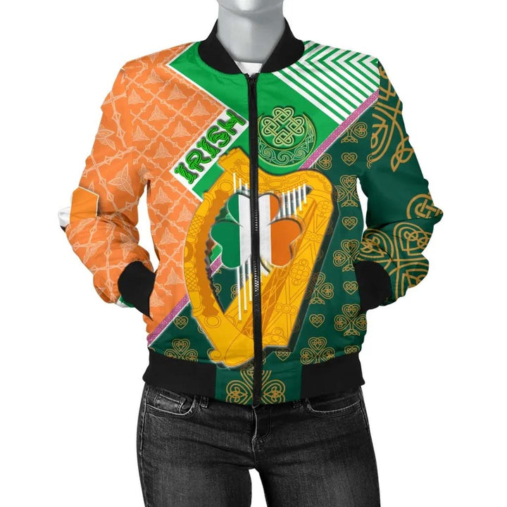 Celtic Ireland Unisex Bomber Jacket - Irish Shamrock with Traditional Harp
