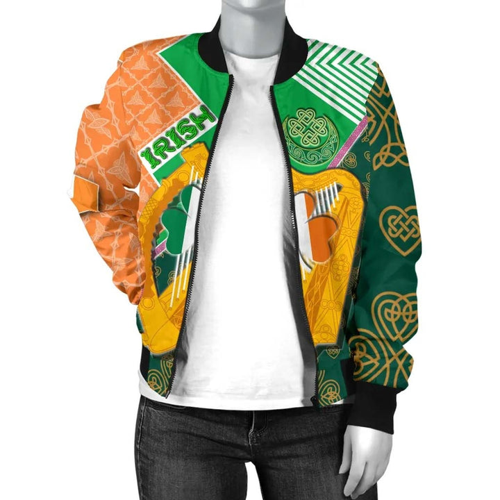 Celtic Ireland Unisex Bomber Jacket - Irish Shamrock with Traditional Harp