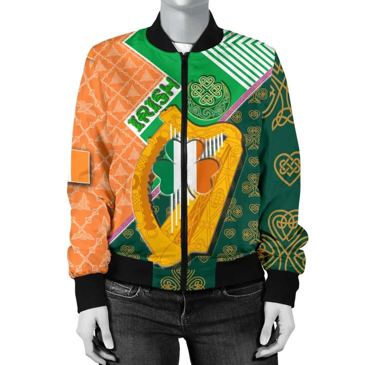 Celtic Ireland Unisex Bomber Jacket - Irish Shamrock with Traditional Harp