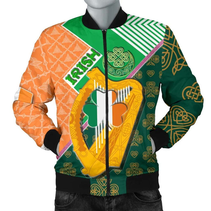 Celtic Ireland Unisex Bomber Jacket - Irish Shamrock with Traditional Harp