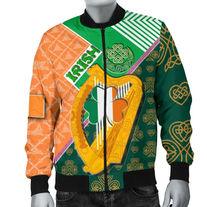 Celtic Ireland Unisex Bomber Jacket - Irish Shamrock with Traditional Harp