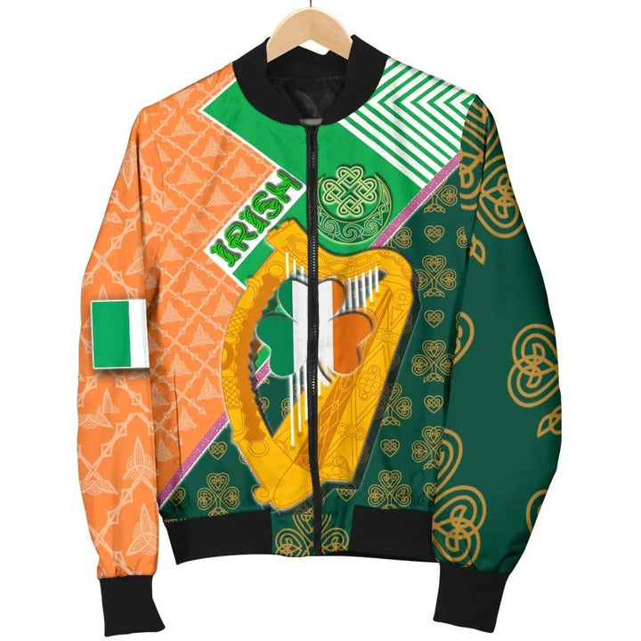Celtic Ireland Unisex Bomber Jacket - Irish Shamrock with Traditional Harp