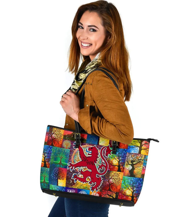 Celtic Leather Totes - Lion Rampant of Scotland With Celtic Tree