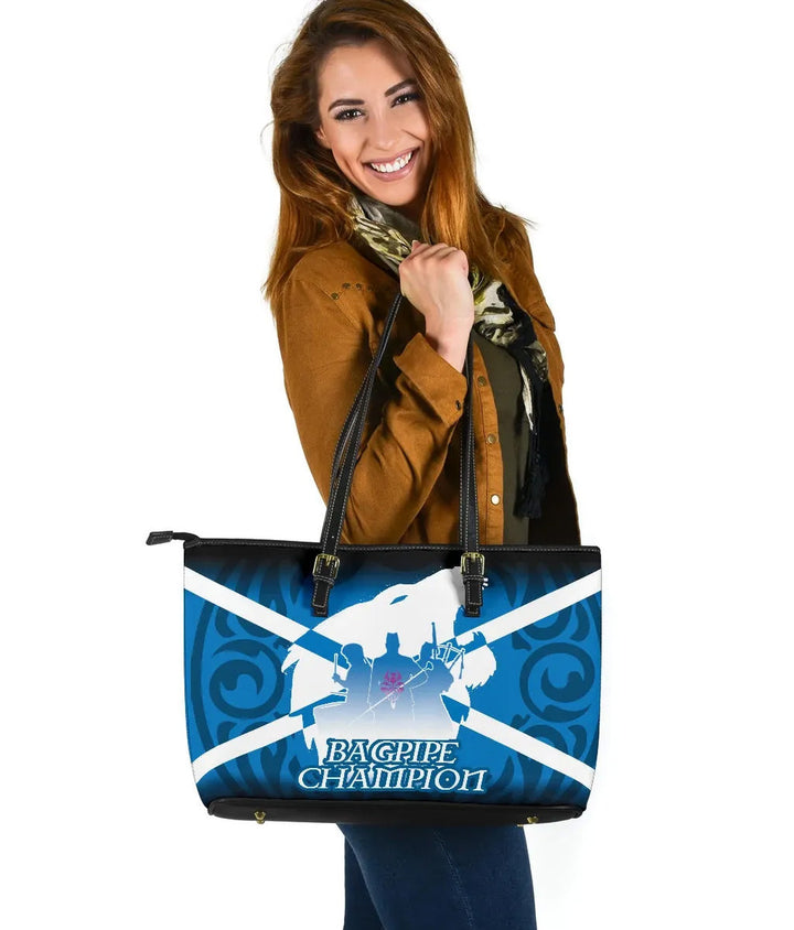 Celtic Leather Tote Bag - Celtic Scotland Bagpipe With Thistle Flower