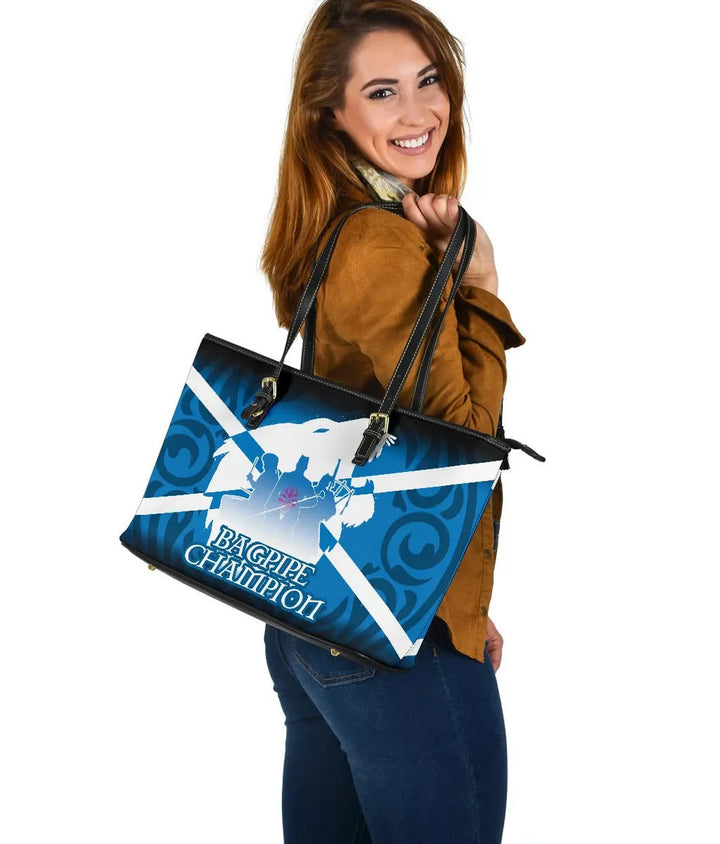 Celtic Leather Tote Bag - Celtic Scotland Bagpipe With Thistle Flower